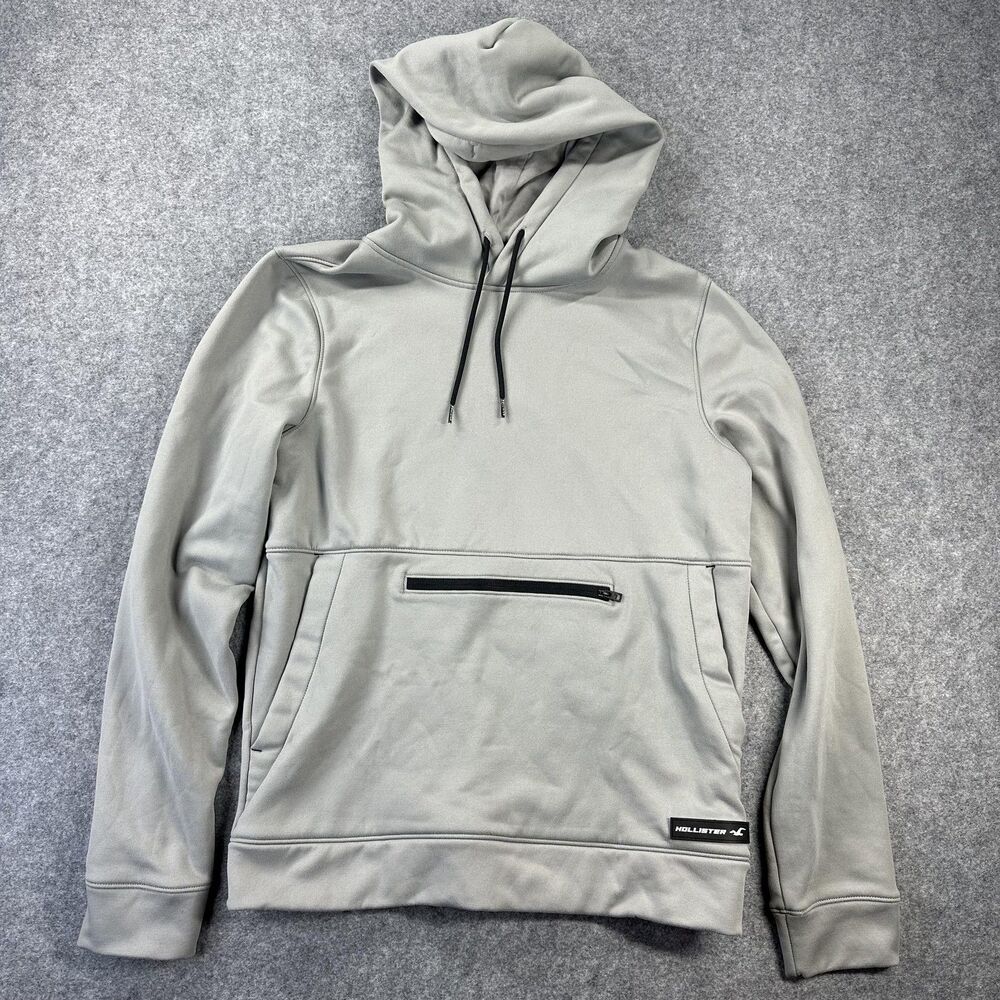 Hollister Hoodie Mens Medium Gray Tech Fleece Pullover Zip Pocket Sweatshirt